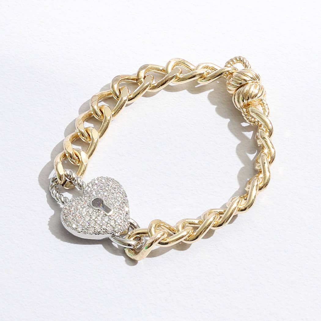 Cz Heart Lock Charm Linked Chain Bracelet