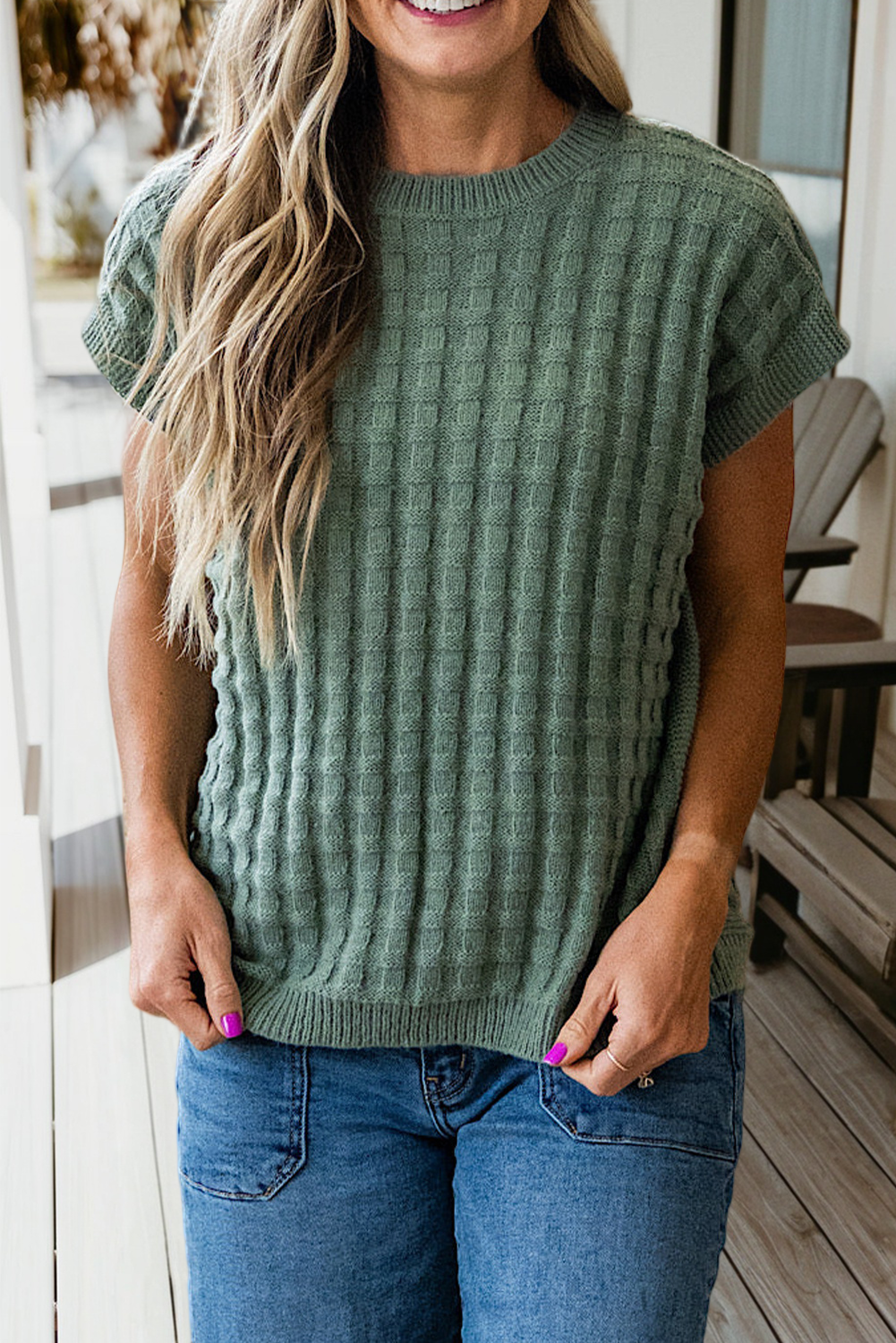 Plus Size Textured Short Sleeve Round Neck Sweater (S-4X)