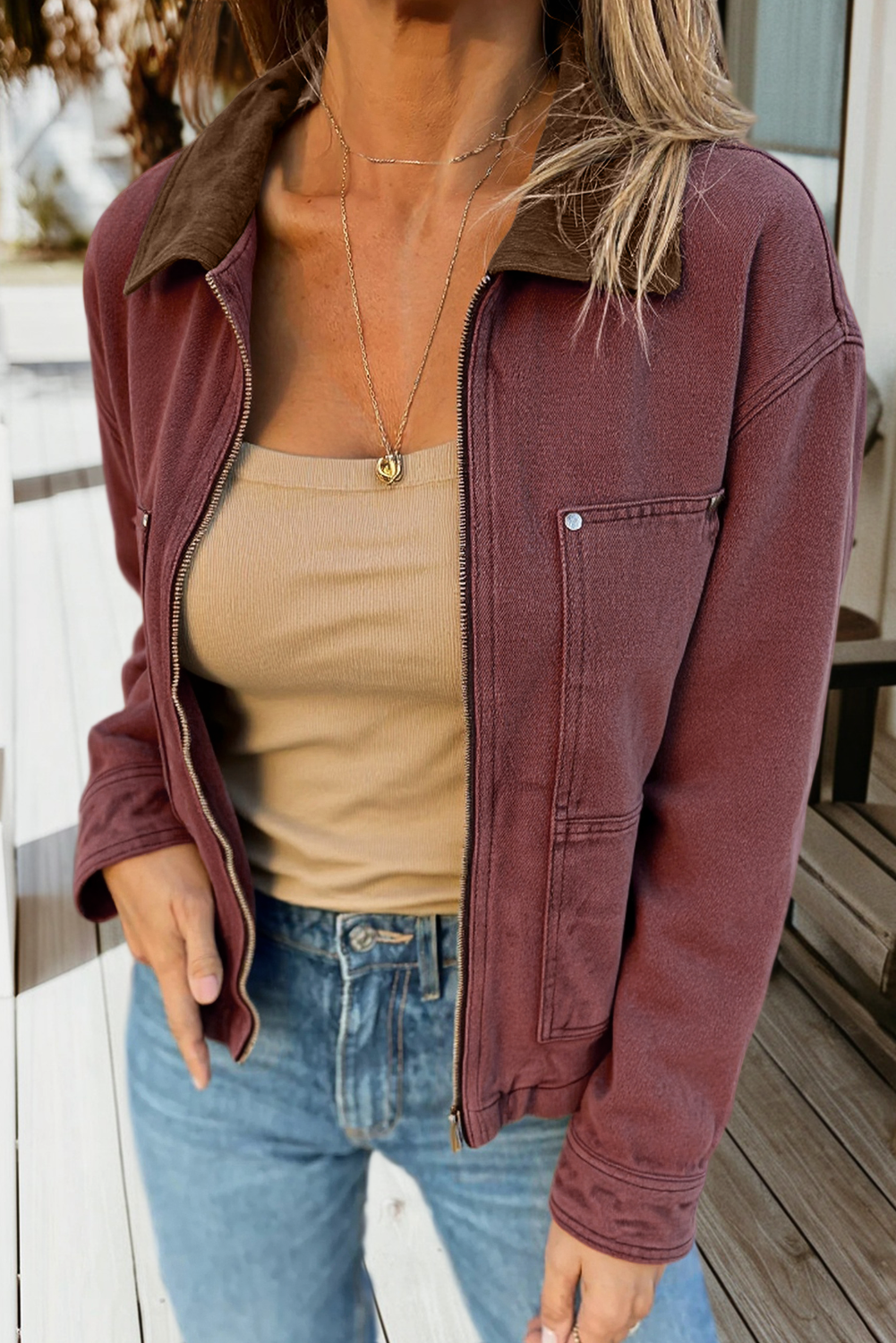 Corduroy Collar Zipped Front Denim Jacket