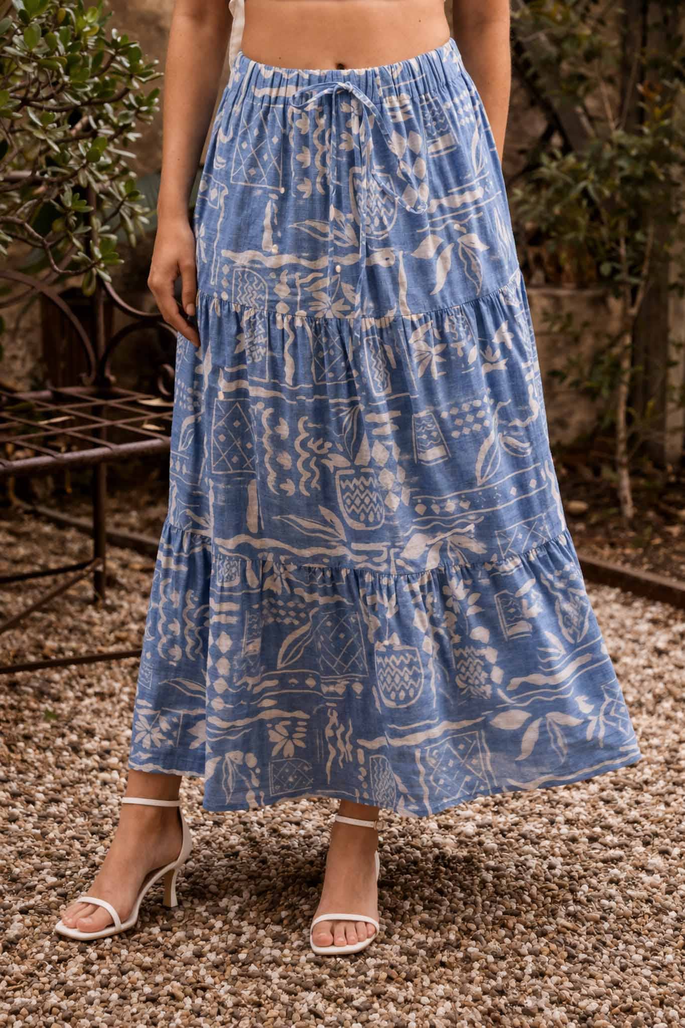 Boho Floral Print Tiered Midi Skirt