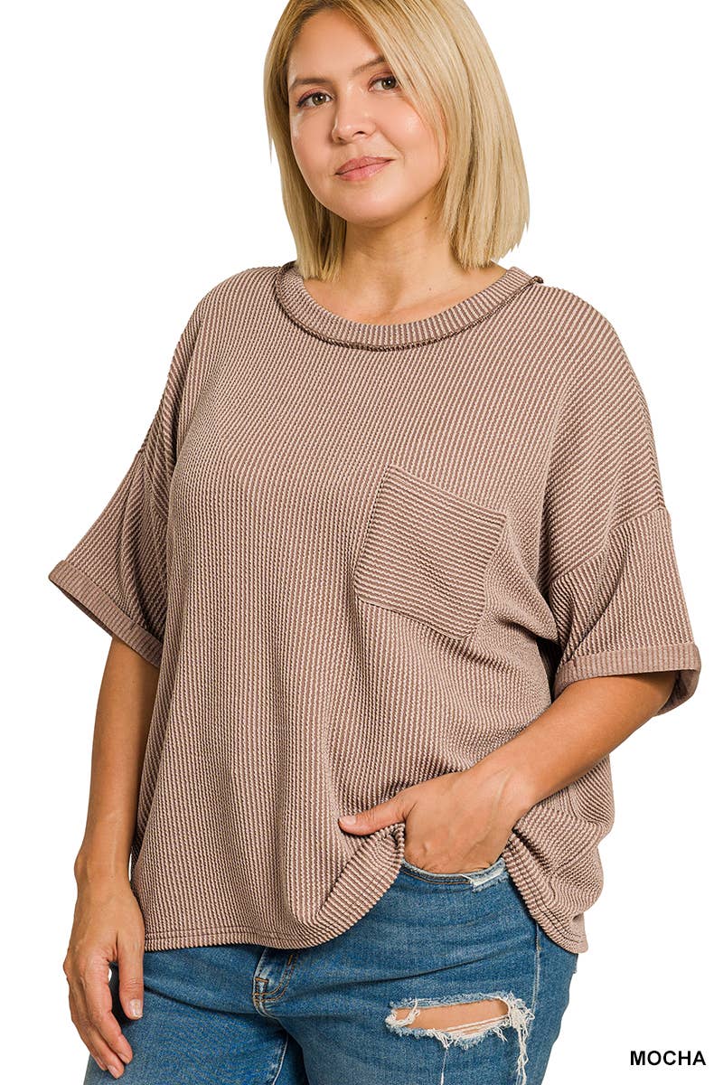 ...0225 Plus Raised Rib Short Sleeve Front Pocket Top SI-29537