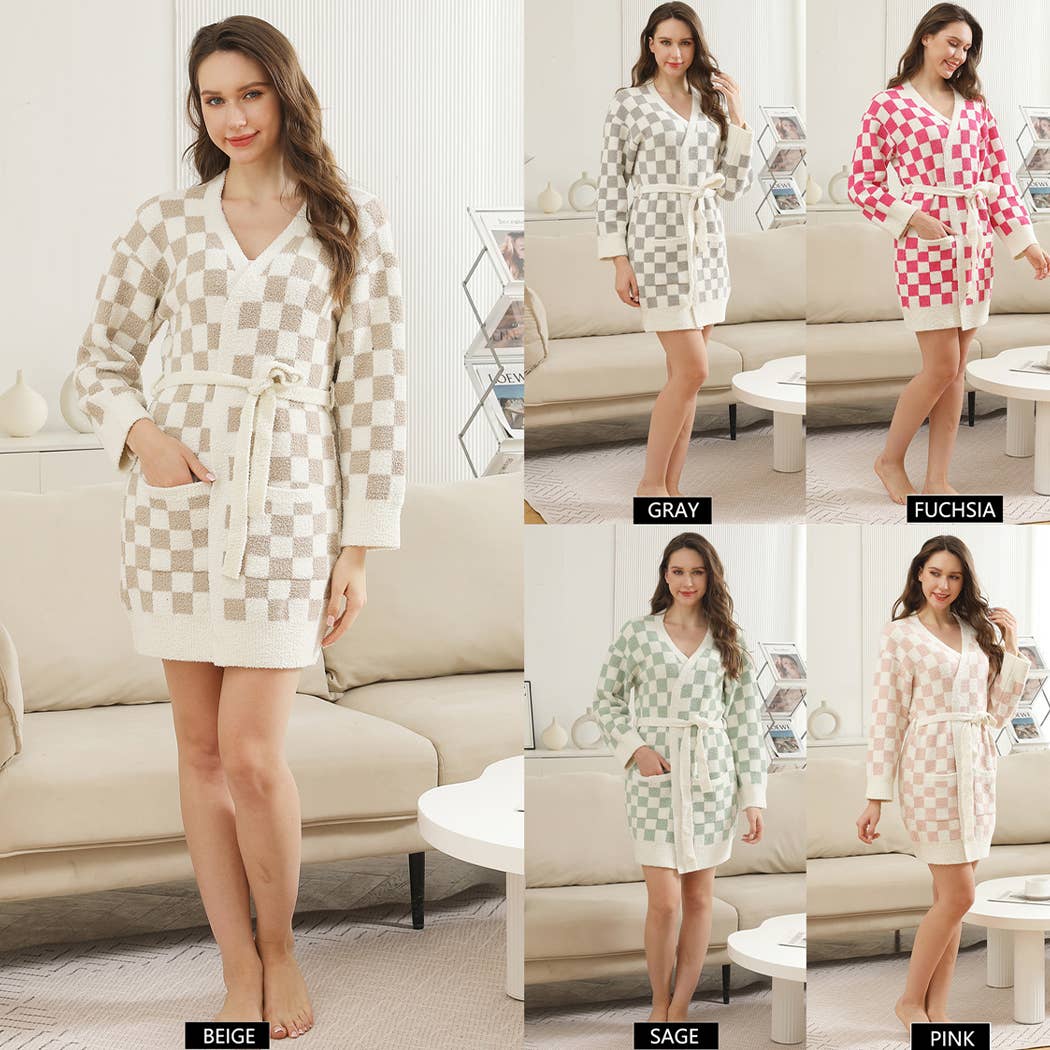Cozy Checkered Robe with Pocket & Belt