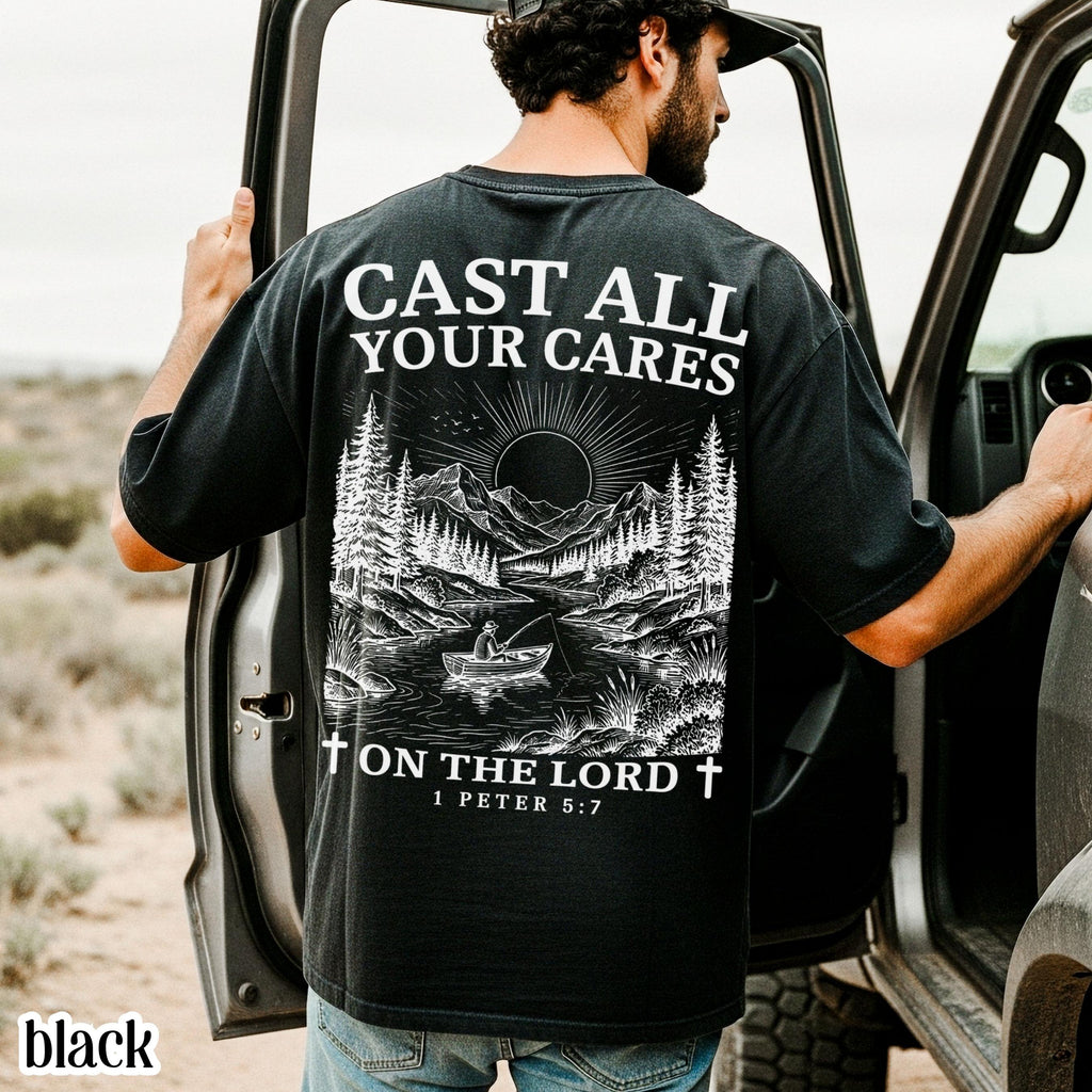 Christian Comfort Colors Cast Cares Lord Peter Nature River Fishing Boat Tee Faith Bible Verse Religious