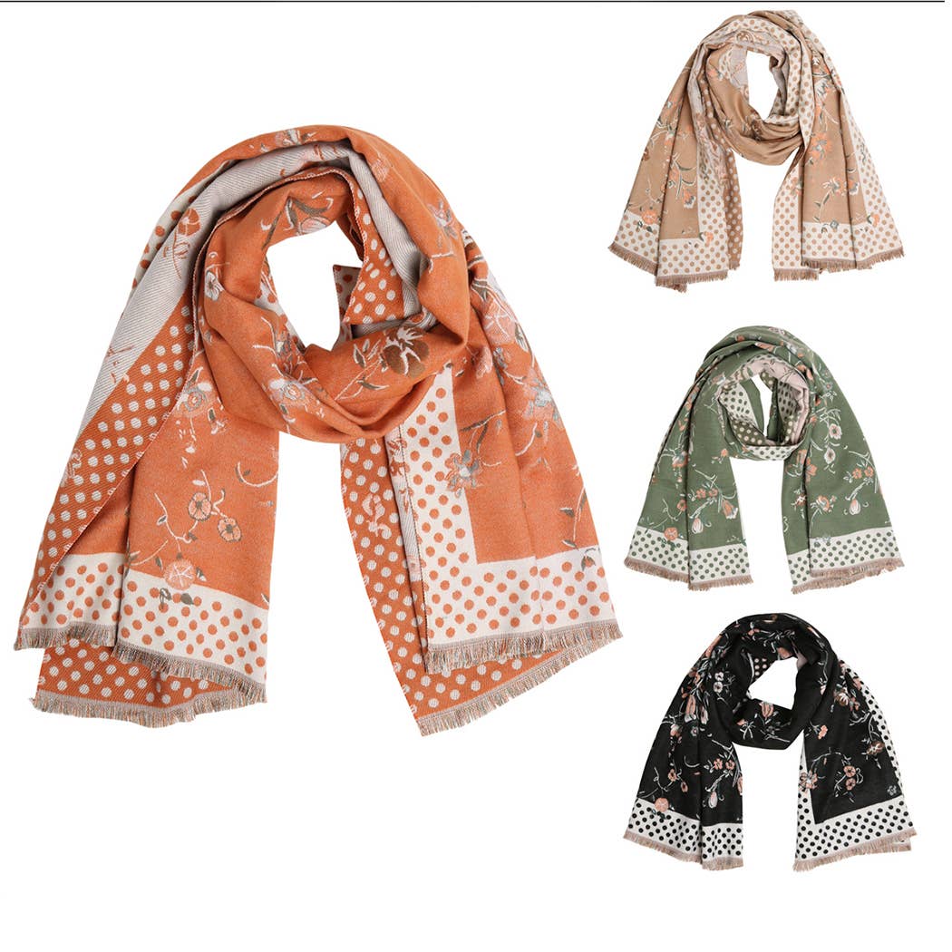 Floral Oblong Wrap Shawl Scarf W Polka Dot Border
