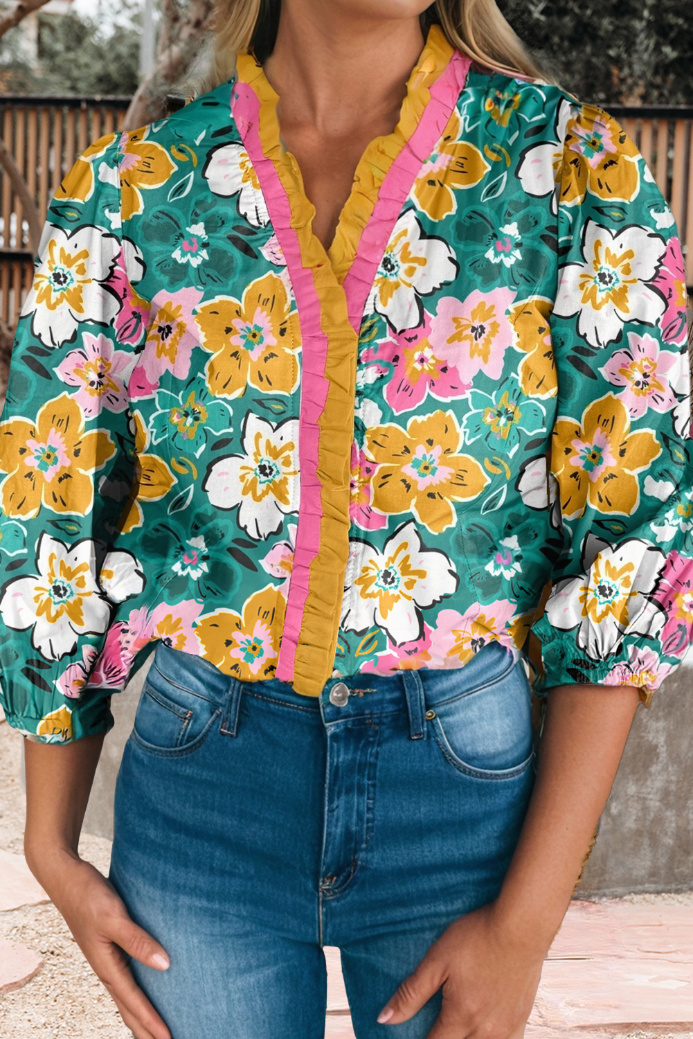 Floral/Leopard Print Contrast Trim V Neck 3/4 Sleeve Blouse