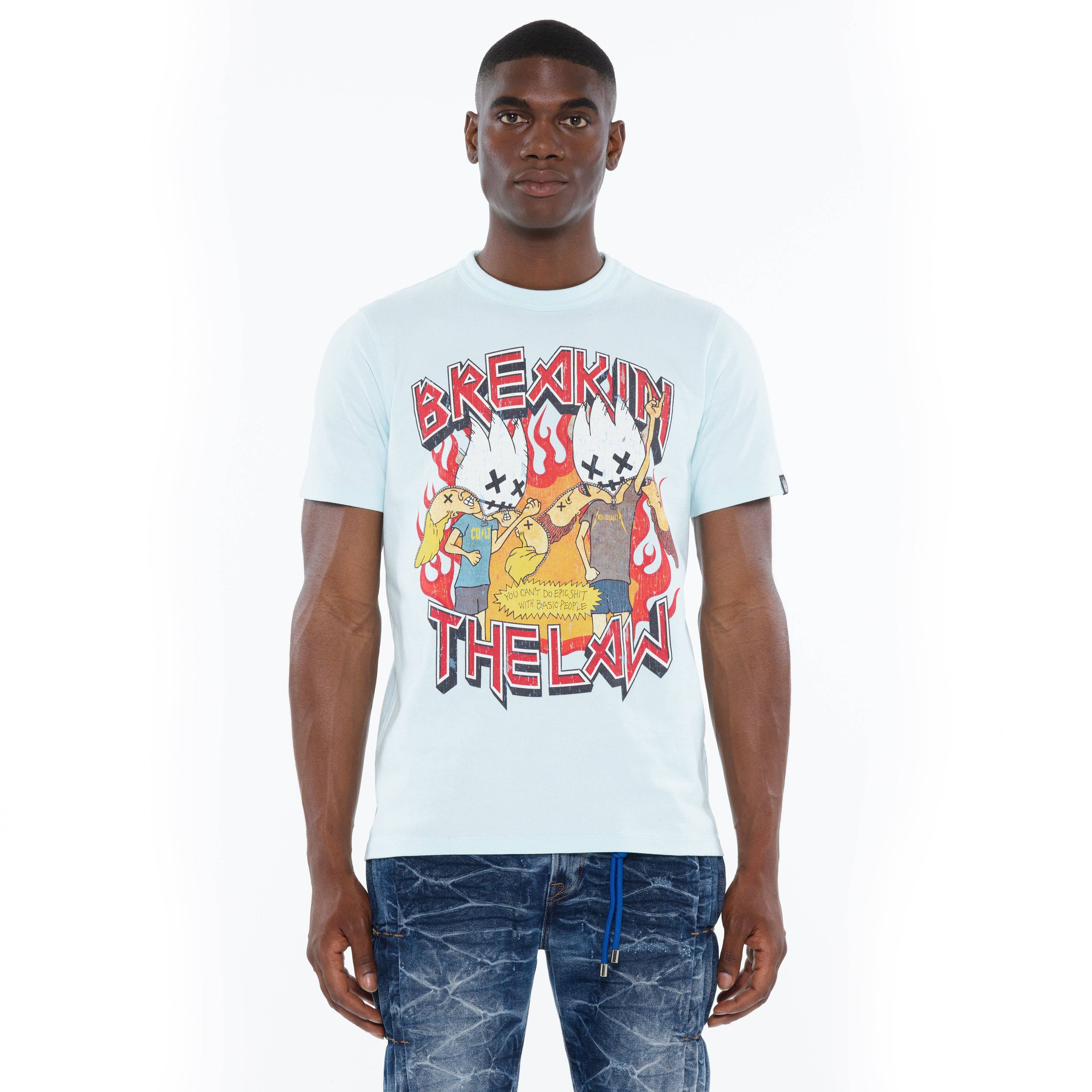 Short Sleeve Crew Neck Tee "Breaking the Law" in Blue