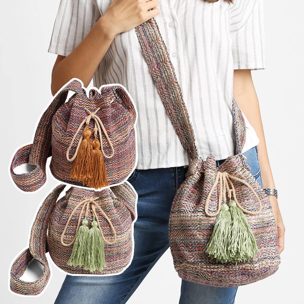Multicolor Pattern Crossbody Bucket Bag & Tassels
