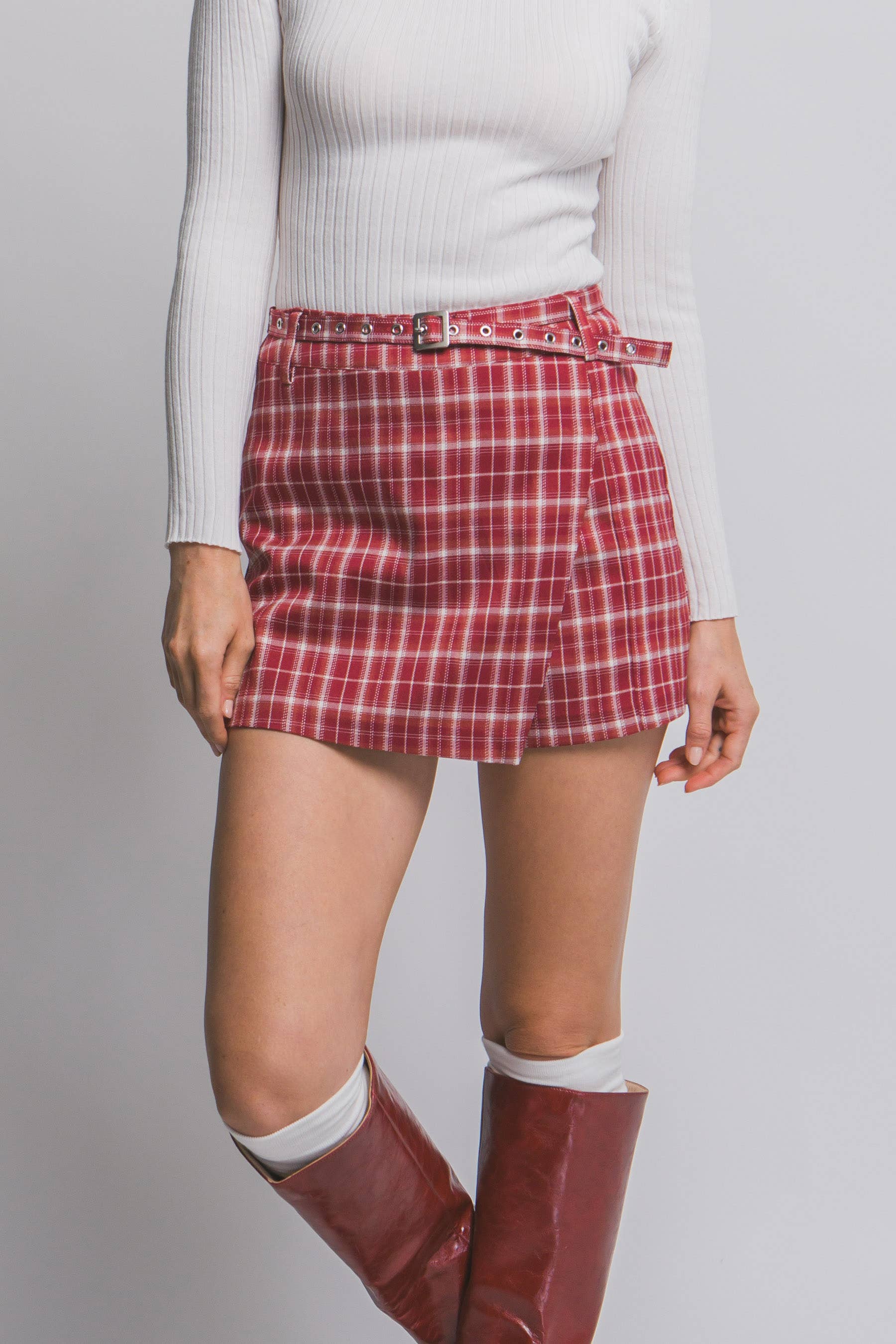 1216 Belted Asymmetrical Plaid Skort SI-28740