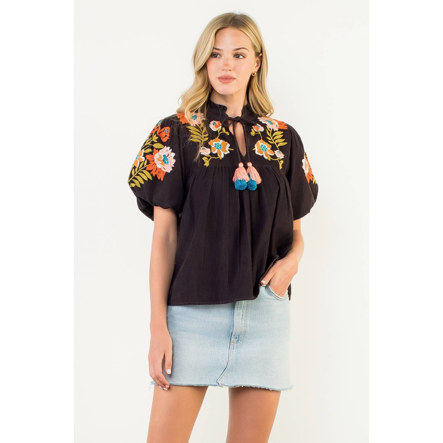 Puff Sleeve Embroidered Detail Tie Tassel Top
