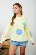 Multi-Color Crochet Floral Detail Knit Pullover