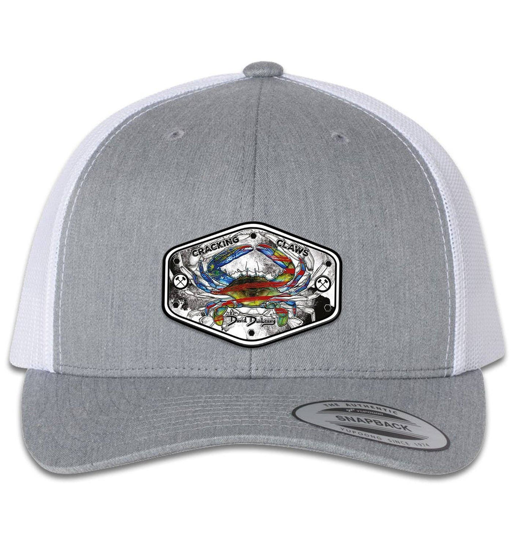 American Blue Crab 6 Panel Trucker Snap Back Heather Grey White Hat Unisex