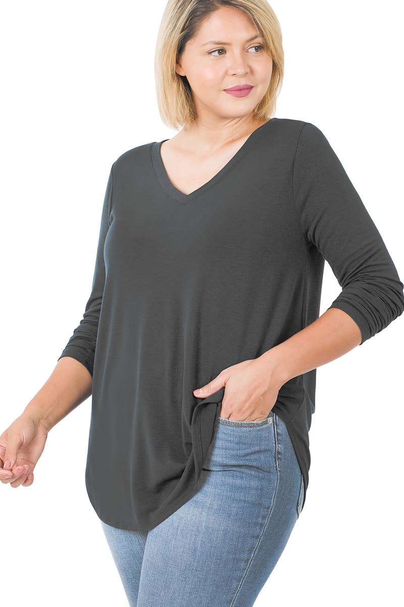.SI-16733 Plus Size Long Sleeve V-Neck Round Hem Top