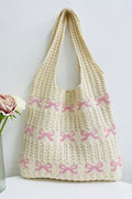 ._ SI-26483 Ribbon Pattern Knitted Crochet Tote Bag
