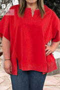 Plus Size Notched Neck Seam Patchwork Short Sleeve Top