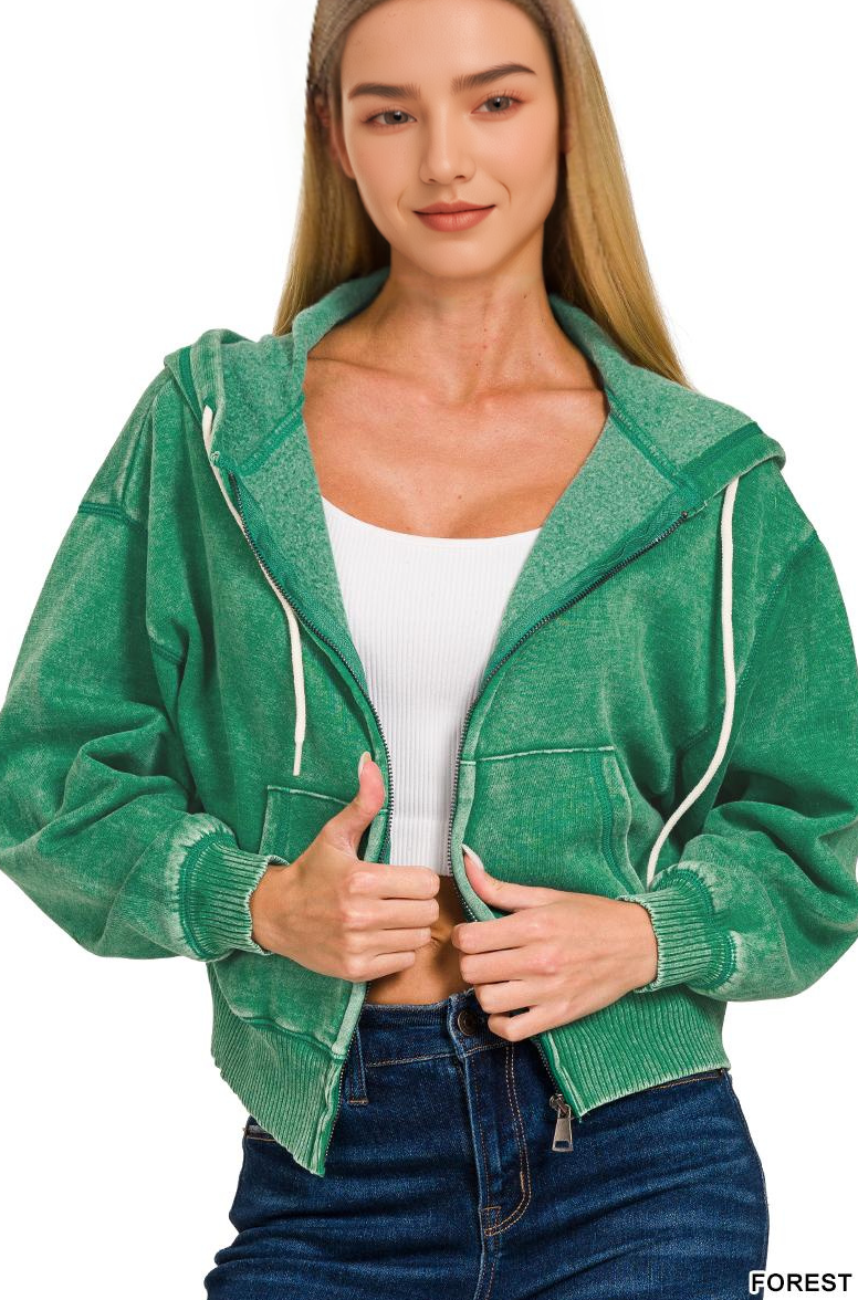 , Acid Wash Fleece Cropped Zip Up Hoodie