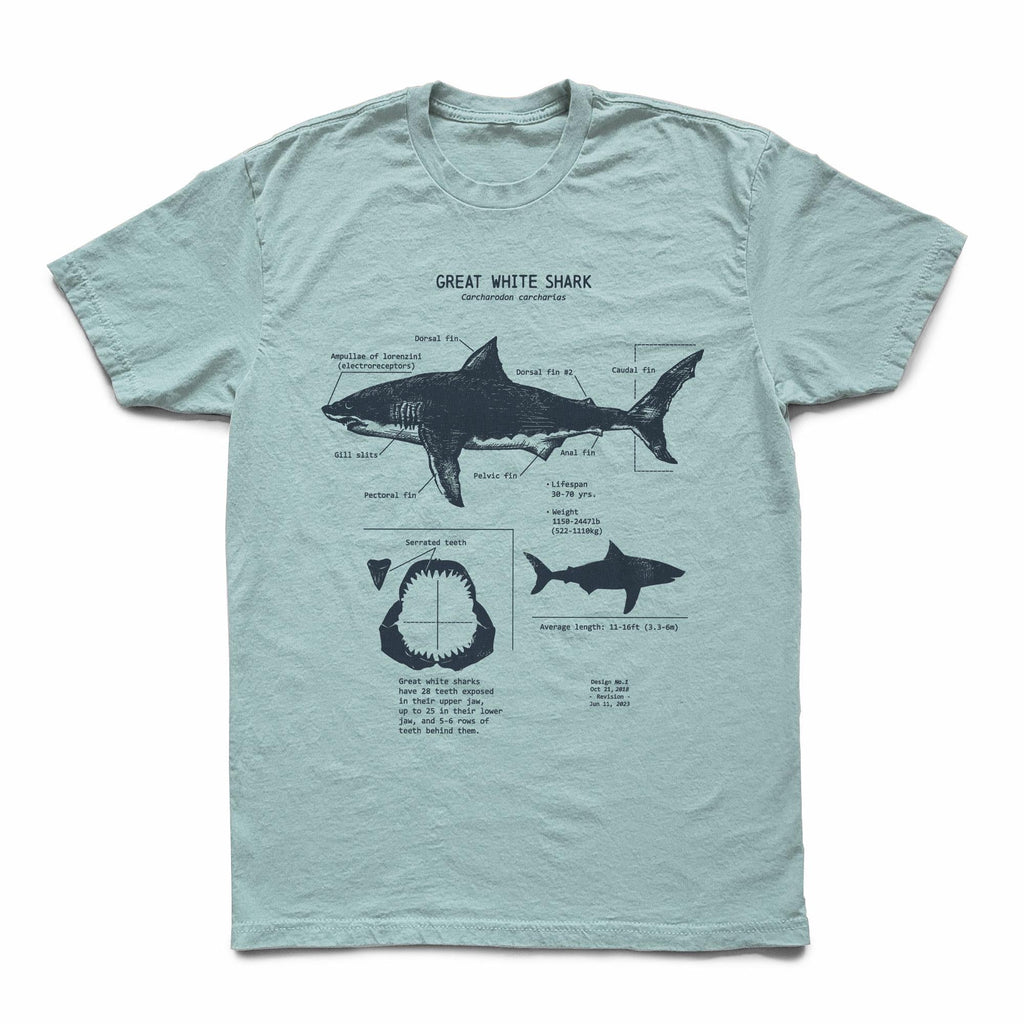 White Shark Anatomy Hand-Drawn Biology Diagram Screen Printed Ringspun
