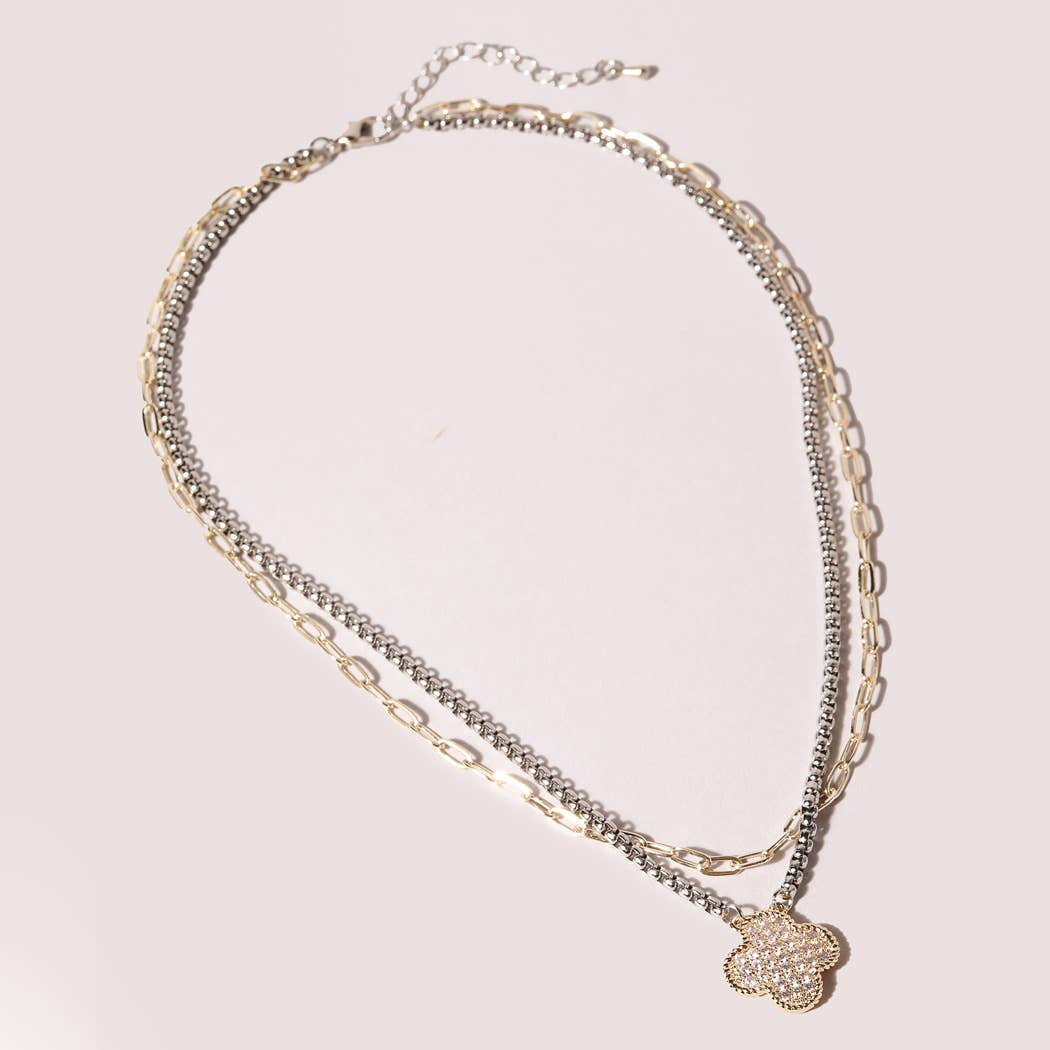 Cz Pave Clover Double Chain Necklace