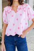 Polka Dot Print Puff Sleeve Scalloped Trim Blouse (S-Xl)