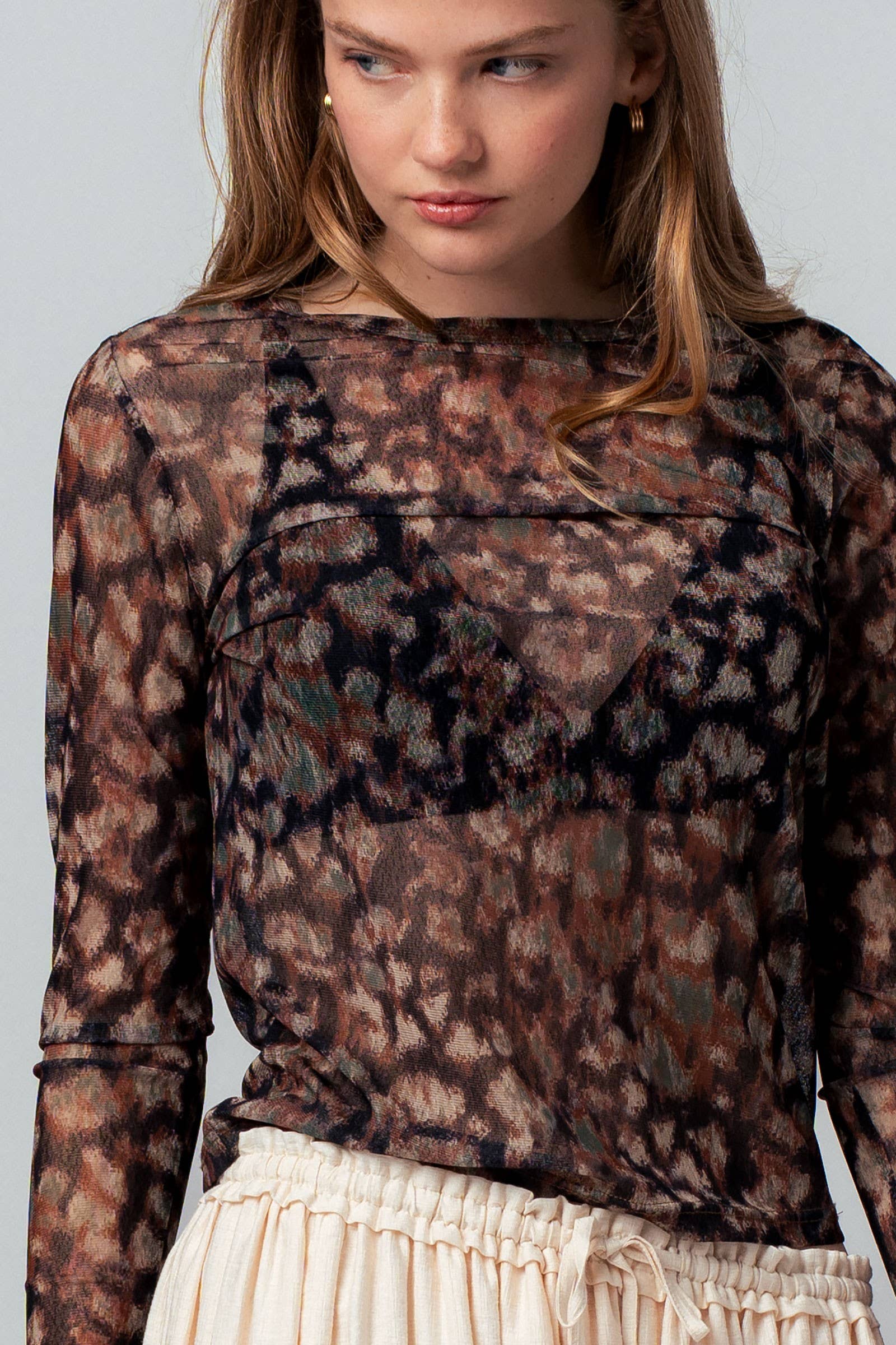 Sheer Mesh Animal Print Long Sleeve Top