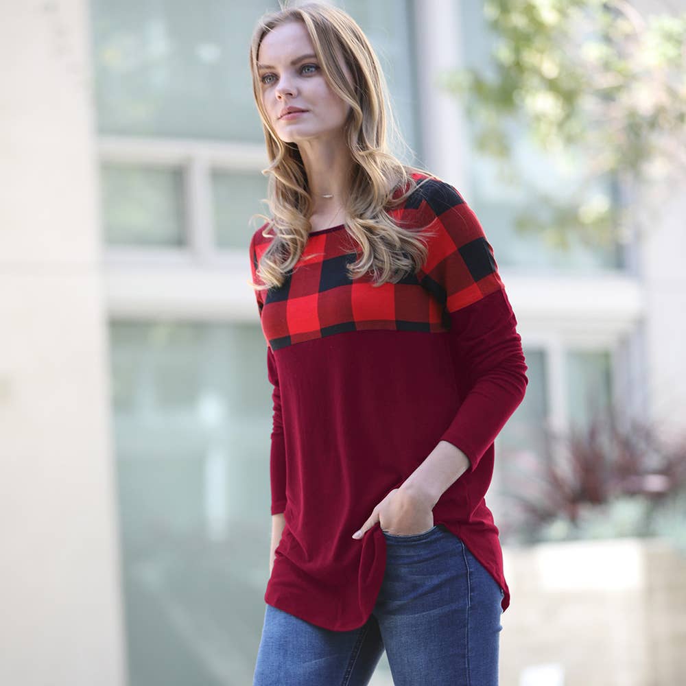 ',,..._ Christmas Plaid Colorblock Top