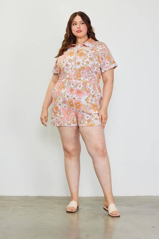 Plus Size Woven Twill Floral Short Sleeve Romper