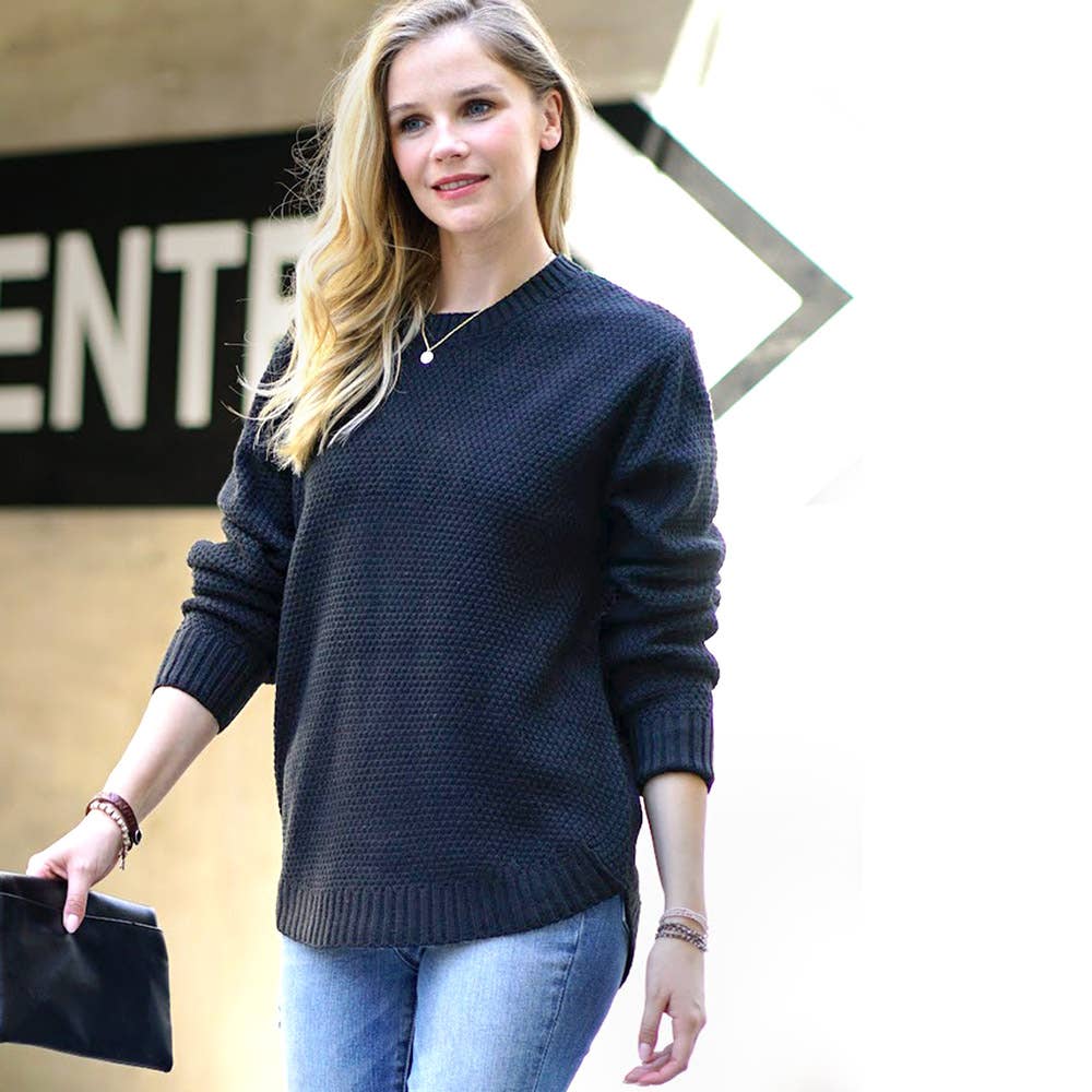 1208 Round Neck Waffle Knit Basic Sweater SI-24844