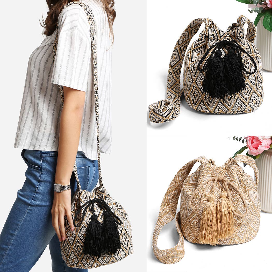 Diamond Pattern Crossbody Bucket Bag & Tassels