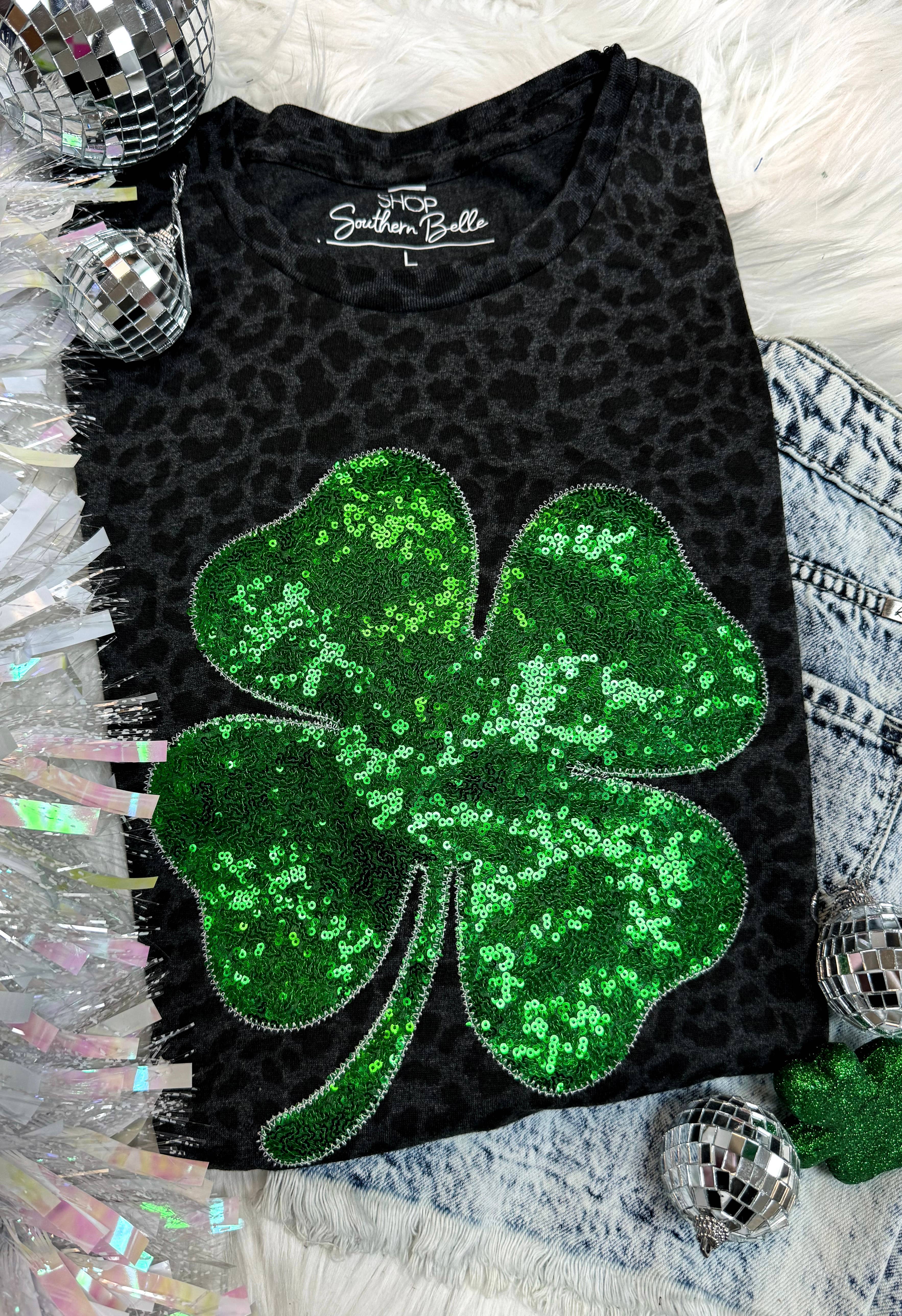 Clover Real Sequins St Patricks Day Leopard Short Sleeve