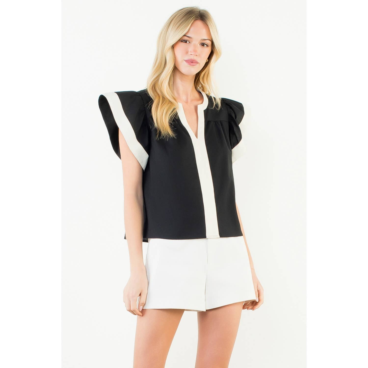 Flutter Sleeve Contrast Trim V-Neck Top