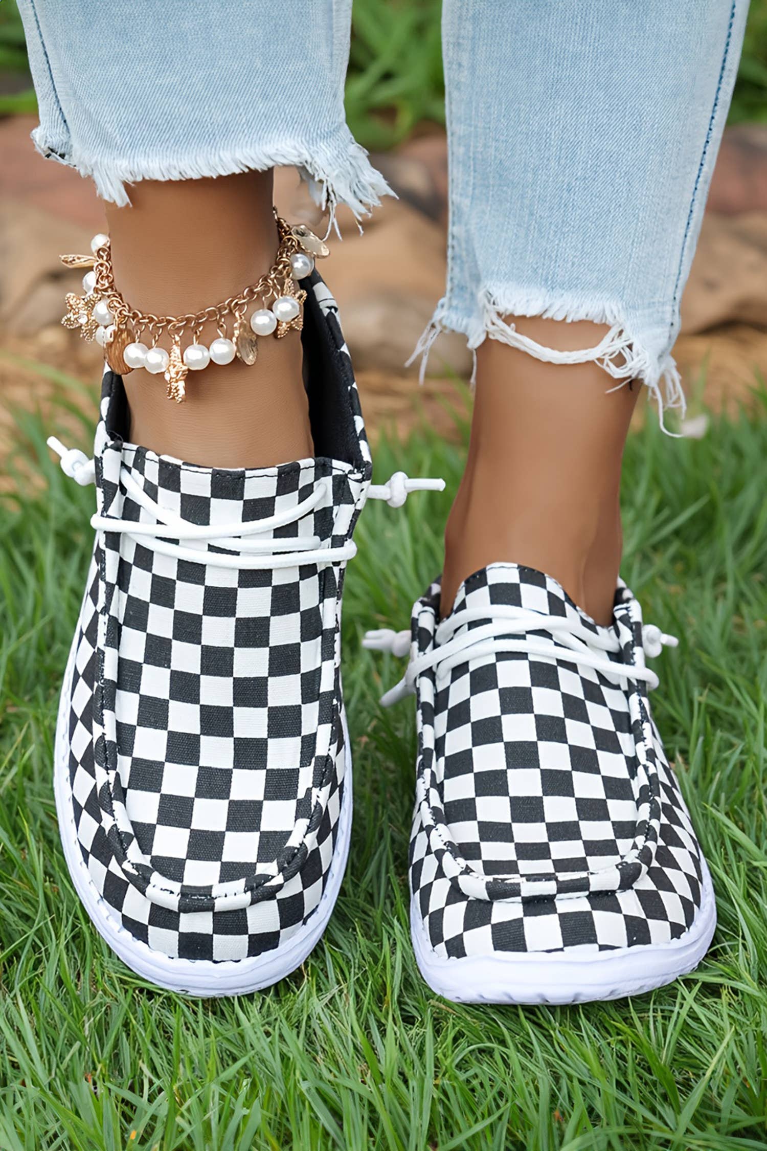 Checkered/ Leopard Print Lace-Up Detail Flat Shoes