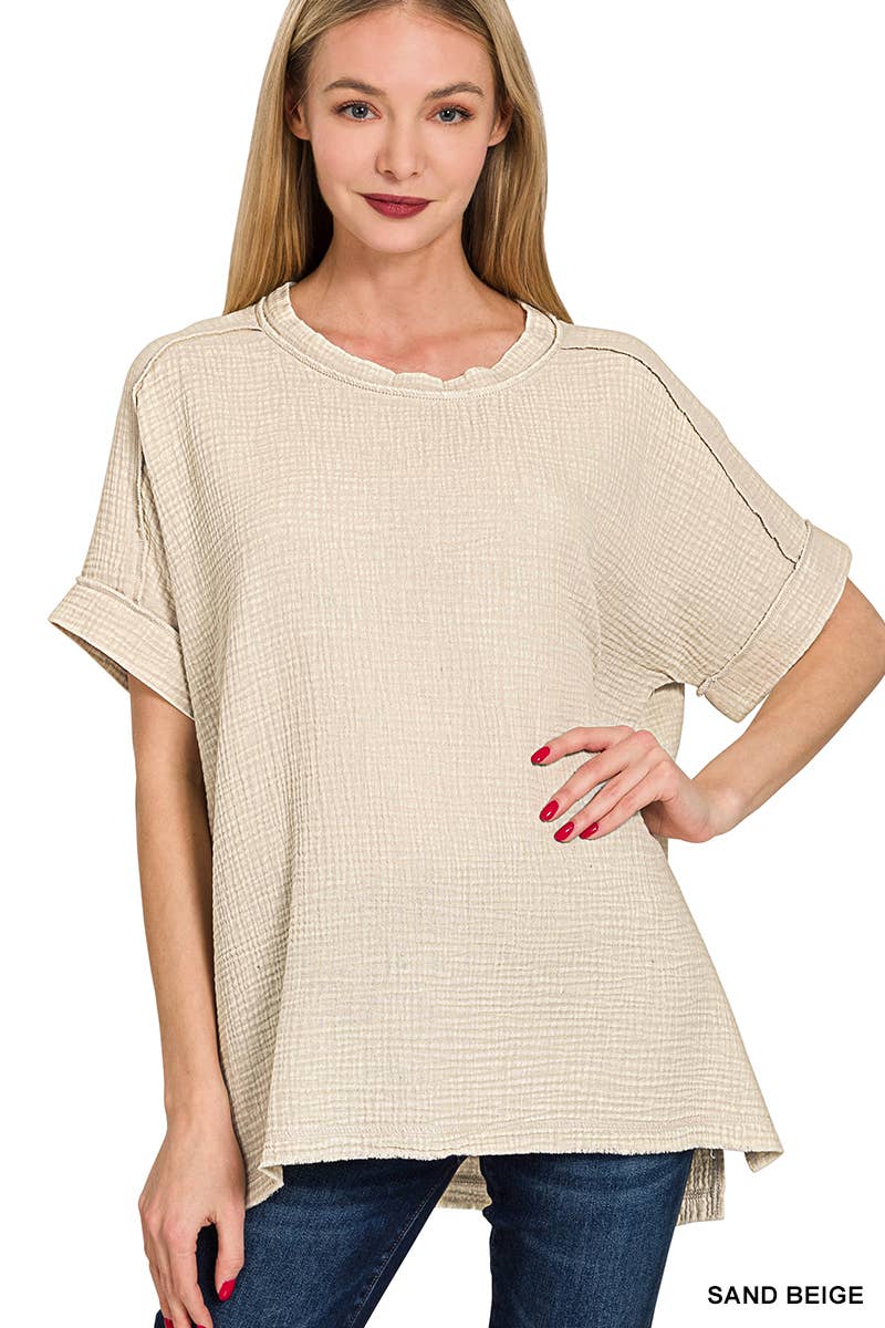 .SI-27649 Acid Washed Double Gauze Cuffed Short Sleeve Tee