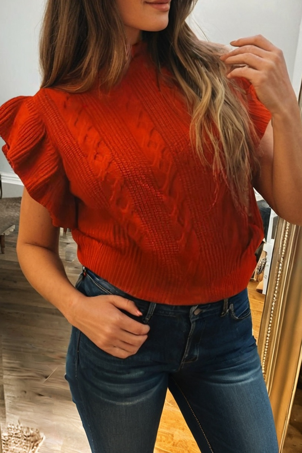 Knit Ribbed Turtleneck Ruffled Mock Neck Sweater (S-Xl)