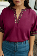 Contrast Leopard Trim V Neck Short Sleeve Blouse (S-Xl)