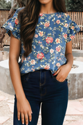Ruffled Short Sleeve Floral Denim Top (S-Xl)