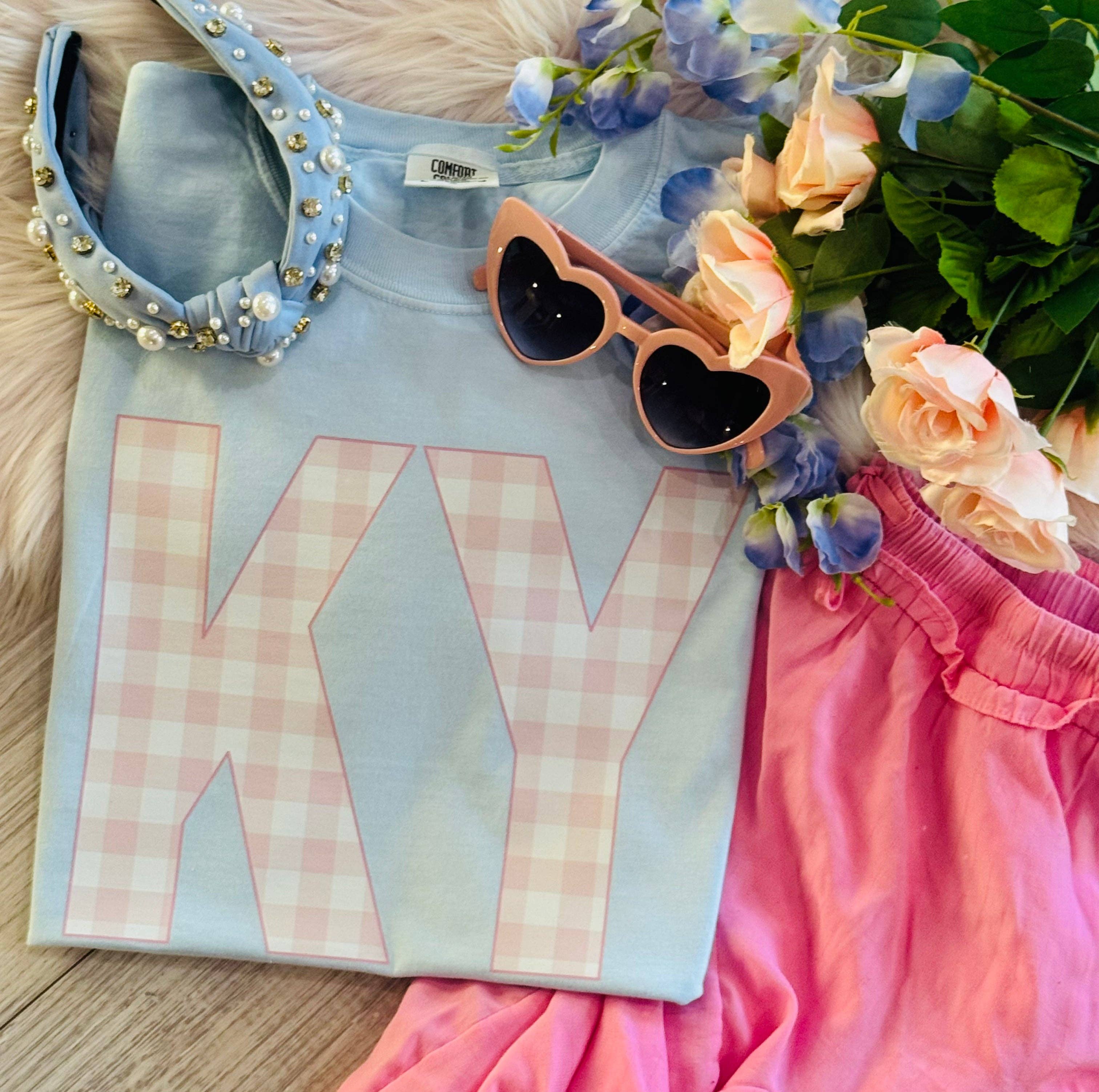 Ky Pink Gingham State Sweatshirt/Tee