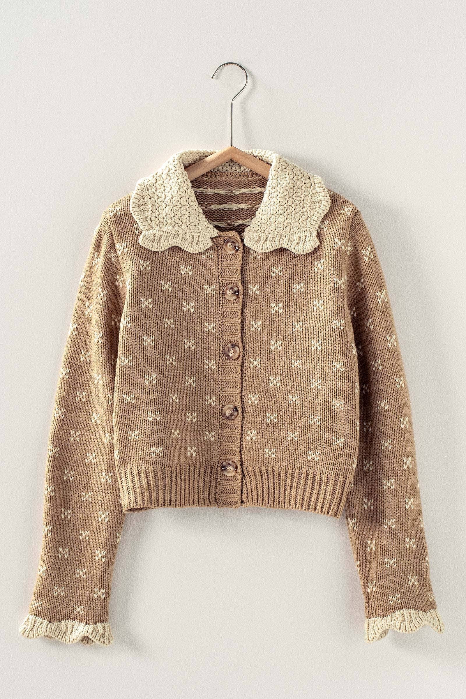 Patterned Knit Ruffle Collar Cardigan