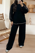 Contrast Leopard Trim Casual Sweatshirt Pant Set (S-Xl)