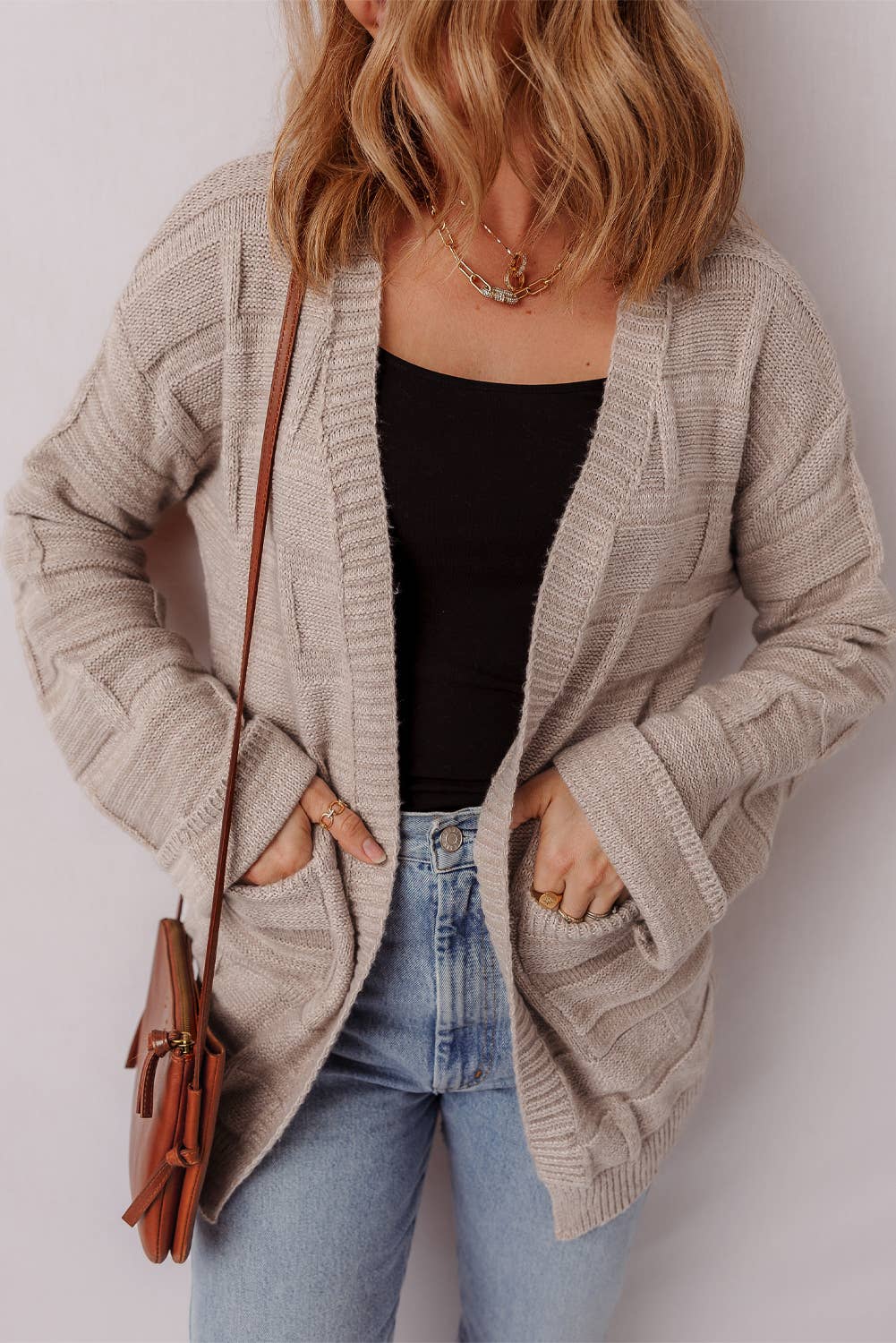 Textured Knit Open Front Chic Cardigan with Pockets (S-2XL)