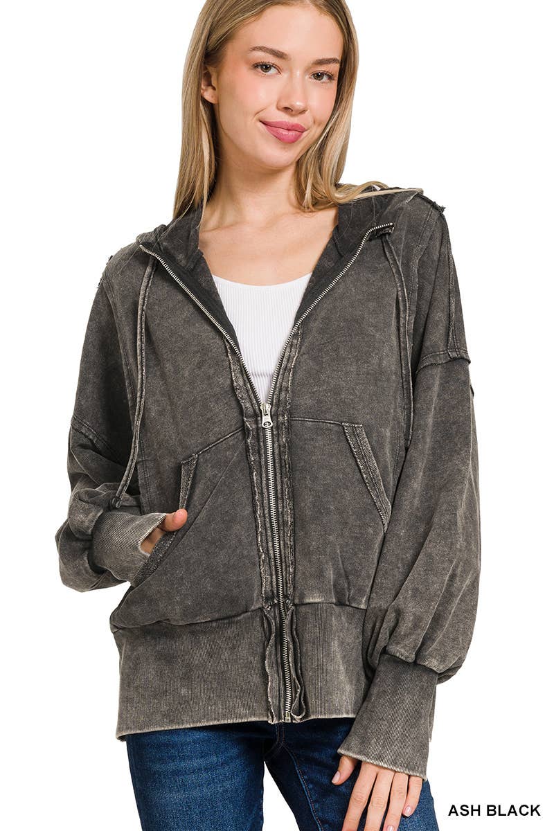 ..SI-25314 Acid Washed French Terry Zip-Up Hoodie with Pocke