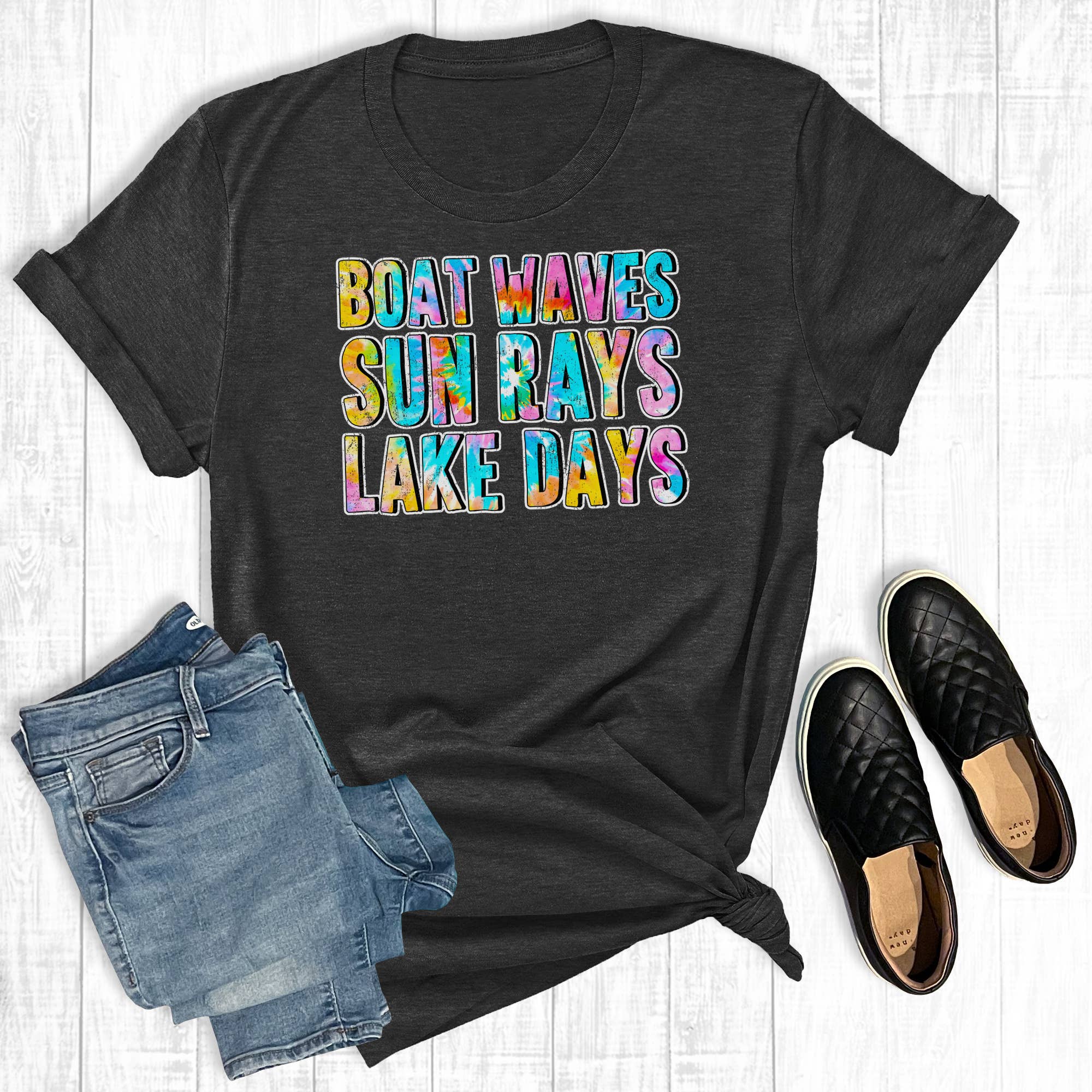 Tie Dye Boat Waves Sun Rays Lake Days Graphic Tee