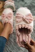 66Bow Decor Color Block Ribbed Plush Slippers Gifts