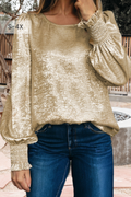 Plus Size Metallic Round Neck Smocked Blouse (S-4X)