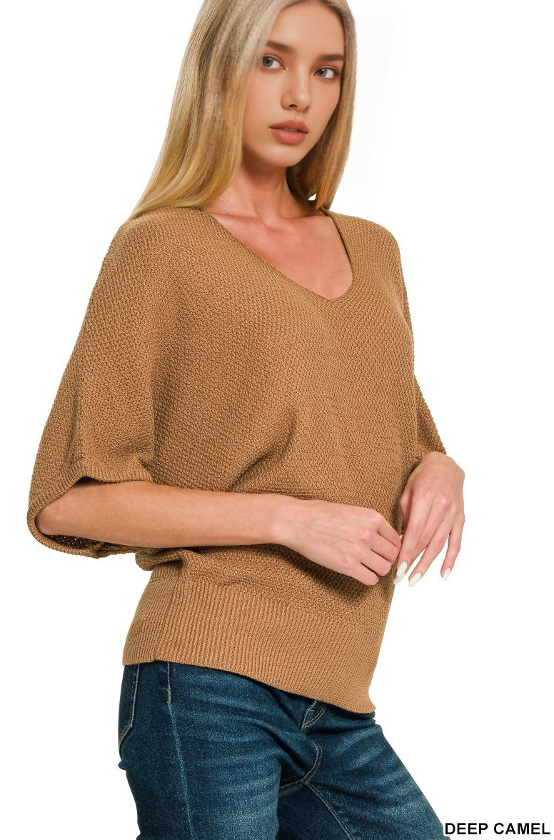 ',,...._ V Neck Short Sleeve Dolman Sweater