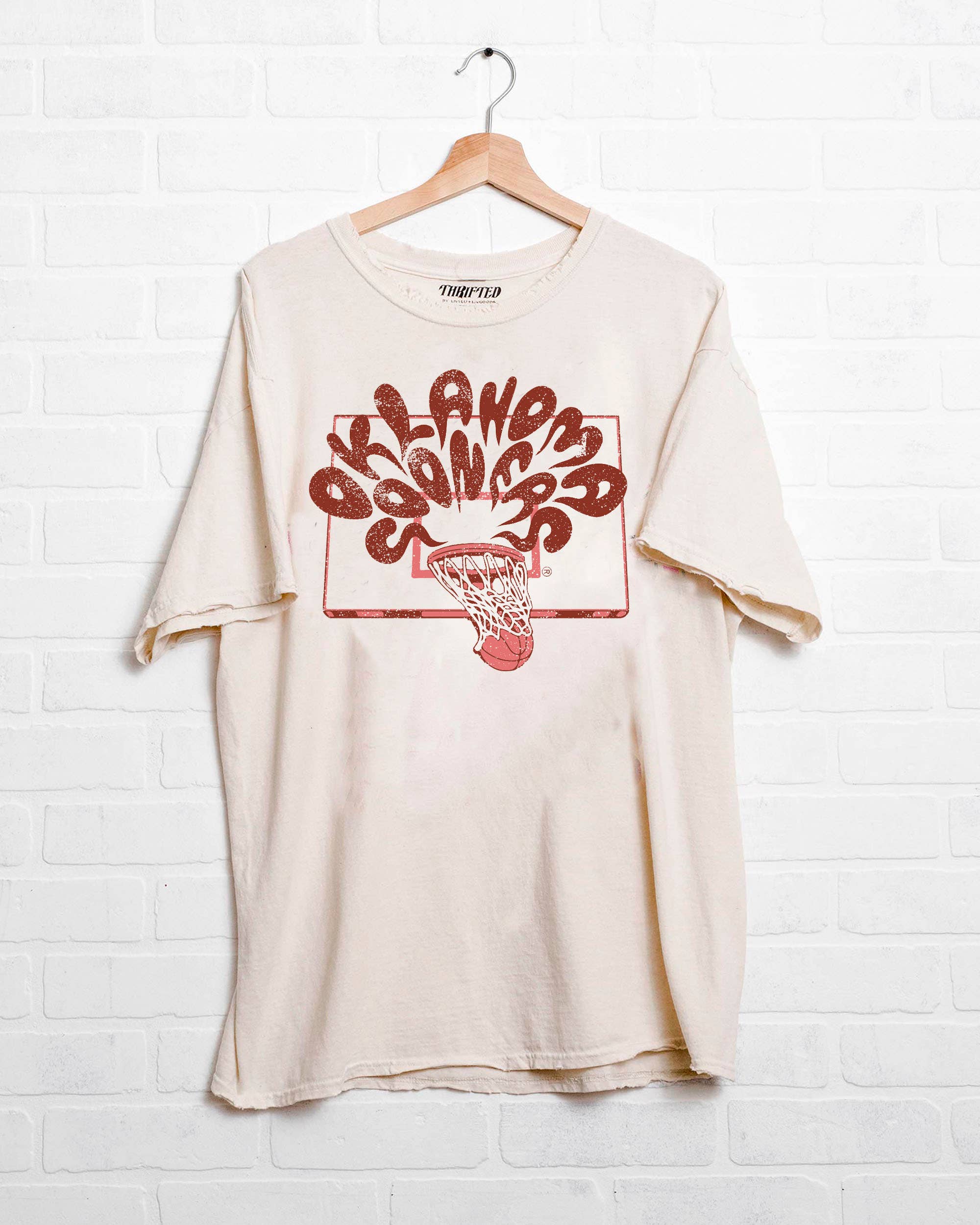 Ou Oklahoma Sooners Basketball Burst Off White Thrifted Tee