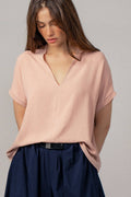 Relaxed V-Neck Top with Folded Sleeves
