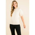 Cream Textured Puff Sleeve Top with Ruffle Neckline