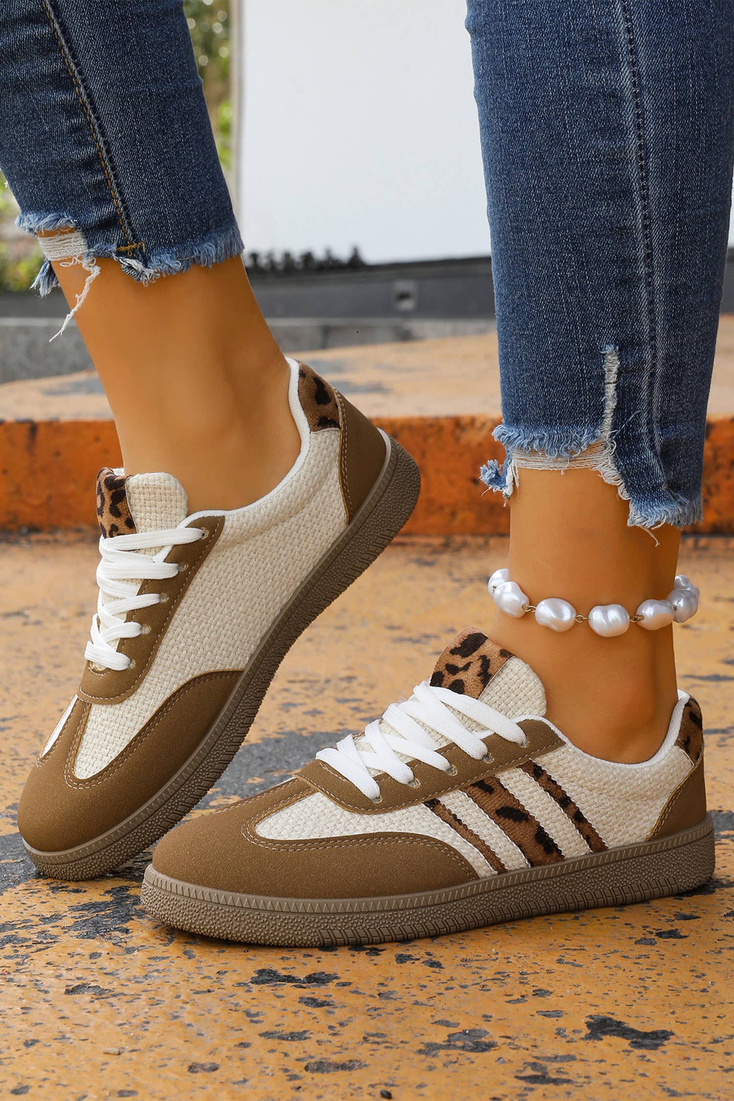 Color Block Leopard Patchwork Lace-Up Flat Shoes