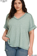 ..0925 Plus Soft Melange Hacci V Neck Short Sleeve Hi Low Tee SI-27