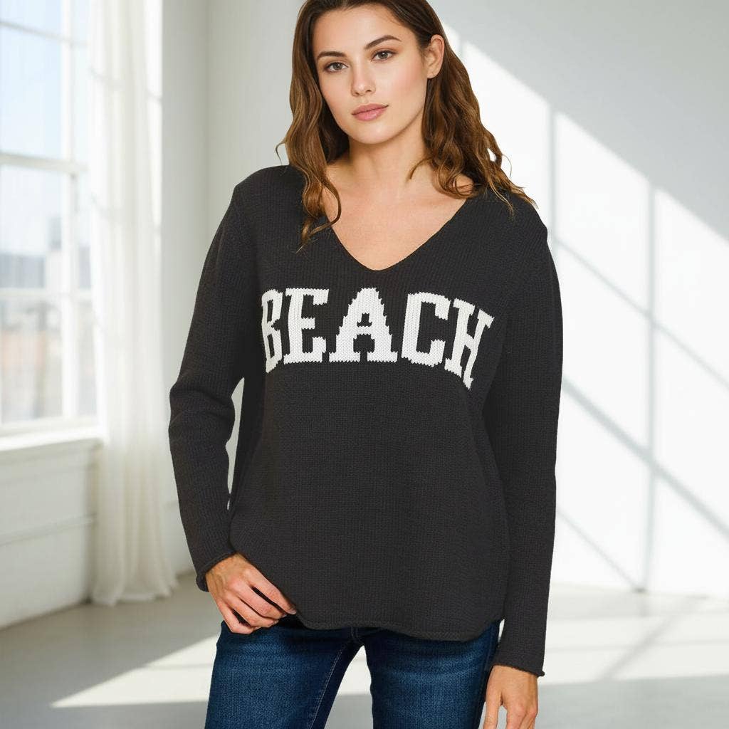 ..._ Beach V Neck Sweater w/ Side Slits SI-28848