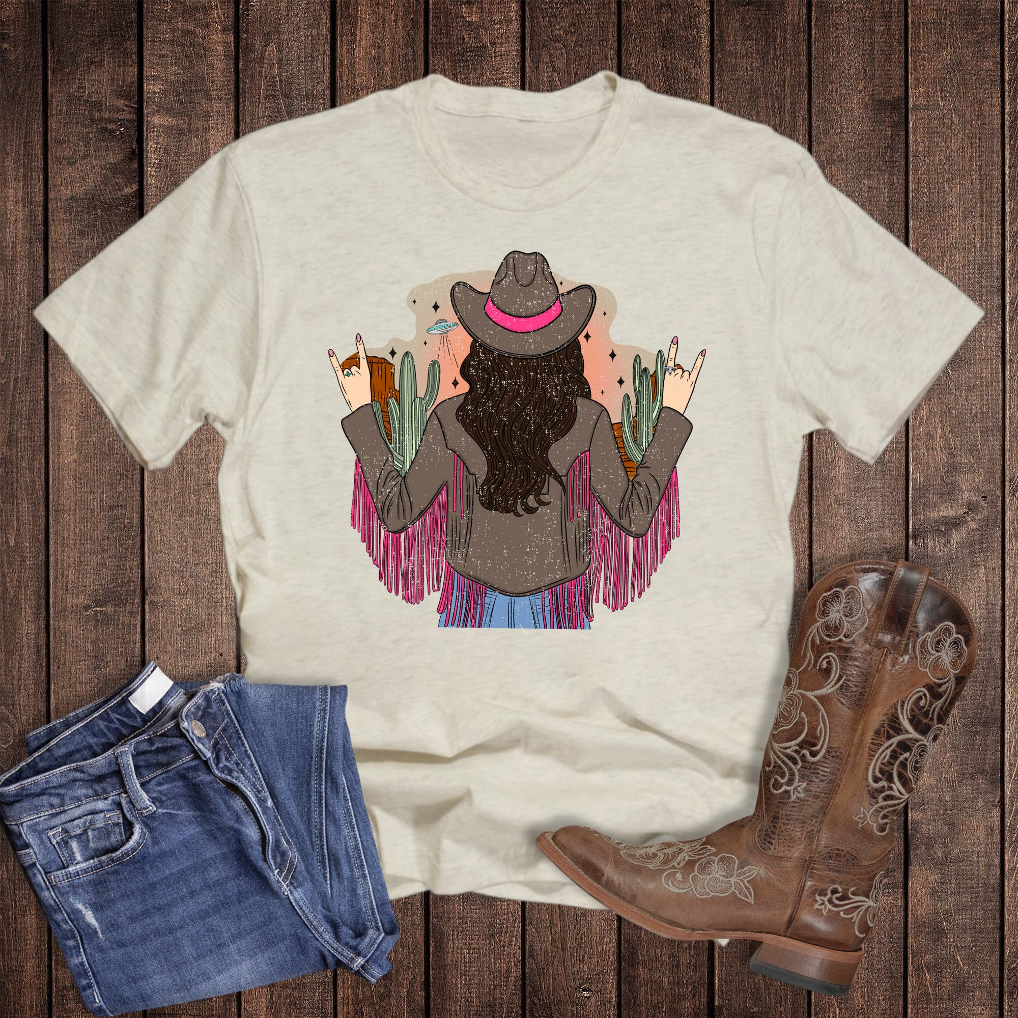 Western Cactus Cowgirl Fringe Jacket Graphic Tee